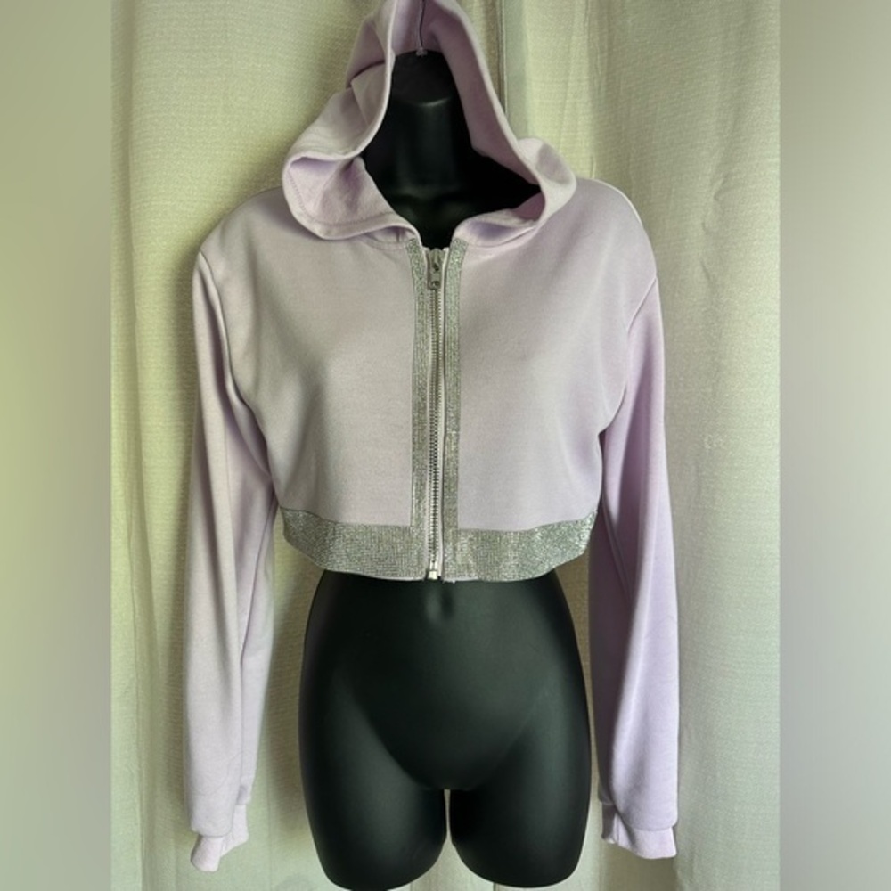 Miss Lola Lavender Purple Cropped Rhinestone Zip Up Hoodie Sweatshirt HDC25190 M